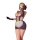 Woman in purple lace maid costume with sheer mesh panels and white apron, taking a selfie.