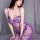 Woman wearing a purple lace sheer bodysuit with floral patterns, featuring a deep v-neck and high slit for a seductive look.