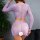 Woman wearing purple lace sheer lingerie set with long sleeves and high-waisted bottoms, showcasing sensual mesh design.