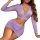 Purple lace lingerie set with sheer mesh top and high-waisted bottoms, featuring a deep v-neck and long sleeves for a sensual...