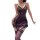 Woman wearing purple plus size lace sheer nightgown with adjustable straps, bodycon fit, and matching thigh-high stockings.