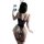 Woman wearing purple pure-seduction bodysuit set with lace details, holding a phone, showcasing alluring uniform style linger...