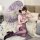 A woman poses elegantly holding a purple parasol, wearing a sheer mesh split qipao with ties and stockings, embodying a modes...
