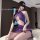 Woman wearing purple sheer lace lingerie set with open-crotch mesh bodysuit and high slit, featuring a halter neck design.