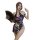 Woman in purple velvet chinese-inspired lingerie set with high-slit cheongsam style bra and panty, holding fan.