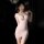 Woman modeling pink qiaozhi bodysuit set with deep v neckline, sheer lace, bow-tie waistband, and bodycon skirt.