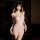 Woman wearing qiaozhi womens sexy deep v sheer lace bodysuit with bow-tie waistband & bodycon skirt set in pink.