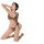 Woman wearing qiaozi leopard print lingerie set with strapless bra and thong, kneeling pose.