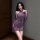 A woman poses elegantly in a purple qing ran sensual off-shoulder cheongsam, featuring lace detailing and frog buttons. the d...