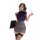 A woman poses with a laptop and perfume bottle, wearing a purple top, gray bodycon mini skirt, and black stockings. the outfi...