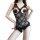 Woman modeling black lace bodysuit with open-crotch design and bow accents, featuring seductive uniform style from qingran pl...