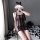 Woman wearing qingran sensual lace bodysuit dress, a sheer mesh tight-fit erotic outfit with cat ears, posing in a ball pit.