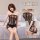 Woman modeling qingran sensual lace bodysuit dress with sheer mesh panels and wrap skirt, highlighting its tight-fit design.