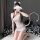 Woman in qingran sensual lace bodysuit dress, sheer mesh tight-fit erotic outfit with cat ears and tail, kneeling on white ru...