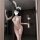 Woman wearing qingran sexy lace bodysuit with detachable rhinestones, hook-neck design, bunny ears, and feather wand accessor...