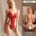 Woman wearing red qingran sexy lace bodysuit with sheer panels, cut-out details, and delicate straps—front and back views sho...