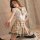 Woman modeling qingran sexy lingerie bodysuit with open-crotch design in student uniform style, featuring plaid skirt and whi...