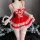 Red lace-trimmed maid costume lingerie set with white ribbon lacing, ruffled hem, and matching headband—sexy sleepwear for sm...