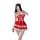 Woman wearing red qingruohan maid costume lingerie set with lace trim, corset top, and fishnet stockings.