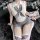 A person wearing a qingruohan school uniform lingerie set, featuring a white bodysuit with a gray bow tie and skirt, paired w...