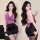 Woman modeling qingruohan seductive backless lace set with deep v-neck bodycon top and black mini skirt.