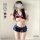 Woman modeling qingruohan sexy jk uniform set with white crop top, red bow tie, and blue pleated mini skirt for adult role pl...