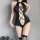 Sexy lace bodysuit featuring open-crotch design, tight-fitting uniform-style mesh bandage set with crisscross detailing.