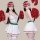 Woman in qingruohan cheerleader costume with red pom-poms, white top & skirt, green trim, visor—sexy party outfit for fans.