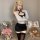 Blonde model wears qingruohan sexy lingerie set: white off-shoulder top with black harness, bodycon skirt, thigh-highs. teddy...