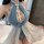 Woman wearing blue qingruohan silk qipao lingerie set with lace trim and bow, showcasing seductive chinese-style bodysuit des...