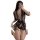 Woman kneeling in black sheer lace lingerie set with open front and tie waist, designed for small bust enhancement.