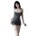 Woman wearing qingruohan gray strap sleepwear set, sensual lingerie outfit with sheer stockings, naughty uniform style.