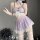 Purple gingham lingerie set with lace trim, bow tie, and thigh-high stockings for playful role play.