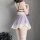 Woman wearing qingruohan purple gingham student uniform lingerie set with lace trim, black bra, and white thigh-high stocking...