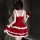 Red christmas dress with white fur trim, perfect for new year party outfits. features a strapless design and festive style.