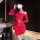 A woman poses elegantly in a vibrant red qingshe sexy off-shoulder lingerie dress, featuring a side waist drawstring and a fe...
