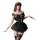 Elegant black lace teddy dress with off-shoulder design, featuring sheer stockings and a mask, perfect for seductive allure.