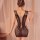 Woman wearing qingyege sheer mesh bodysuit with open-crotch design and matching stockings, back view.