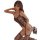 Woman wearing qingyege deep-v lace bodysuit with sheer mesh panels and open-crotch design, posing seductively on white backgr...