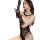 Woman modeling black lace bodysuit with matching gloves, featuring intricate floral patterns and cut-out details.