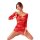 Woman posing in a red, striped mesh bodycon lingerie set with cut-out details and long sleeves.