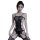 Woman wearing qingyege sheer mesh bodysuit with cutouts and thigh-high stockings, seductive lingerie set.