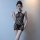 Woman wearing qingyege sheer black bodystocking with mesh pattern, highlighting elegant and sensual design for intimate momen...
