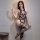 Woman modeling qingyege sheer mesh bodysuit with open-crotch design and matching thigh-high stockings.