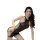 Woman modeling qingyeguo black lace halter bodysuit with sheer mesh panels and high-waisted pencil skirt design.