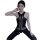 Woman wearing black sheer bodysuit with lace trim and open-crotch design, posing confidently.