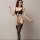 Woman modeling qingyeguo black lace bodysuit with sheer mesh panels, open-crotch thong design, and patterned thigh-high stock...