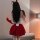Woman in red and white christmas bunny costume with fluffy trim, back view showing short skirt, gloves, and ears.