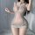 Woman modeling gray qqny deep v lace lingerie set with sheer bodycon mini dress and matching sleepwear.