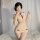 Woman modeling qqny deep v lace lingerie set - sexy sheer bodycon mini dress with matching sleepwear outfit, featuring delica...